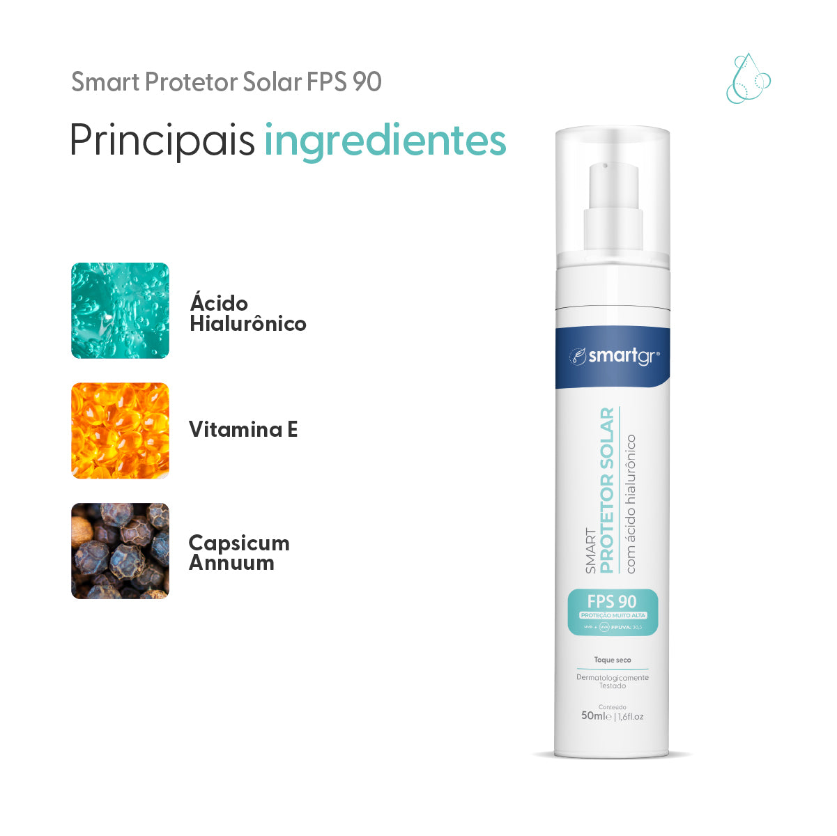 Protetor Solar FPS 90 com Ácido Hialurônico, 50 ml — embalagem do produto, Smart GR