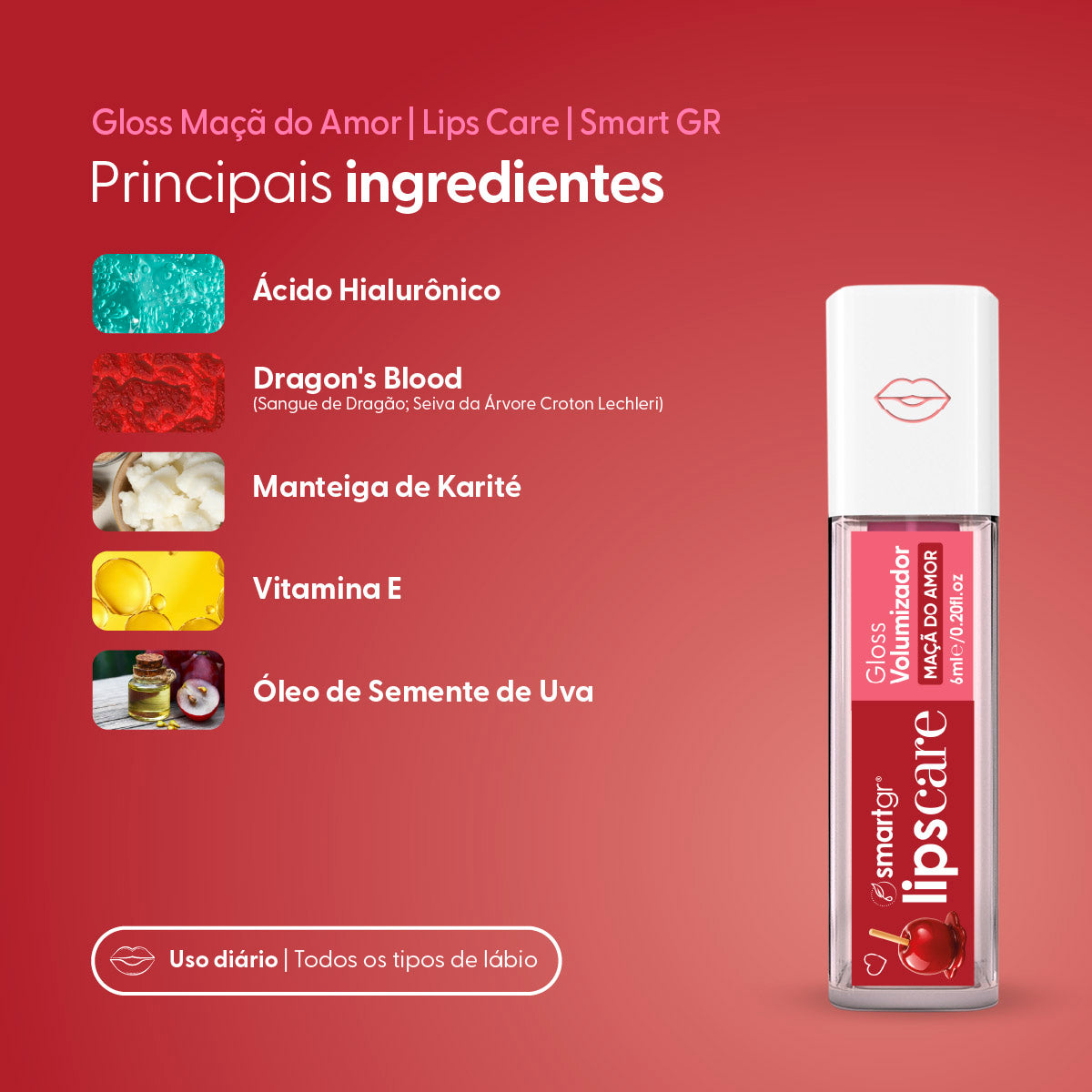 Smart Lips Care, Plump Gloss de Maçã do Amor — embalagem do produto, Smart GR