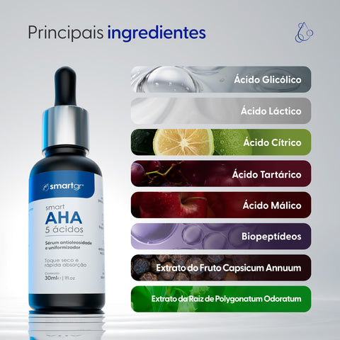 Sérum AHA, 5 Ácidos Uniformizador, 30 ml — embalagem do produto, Smart GR