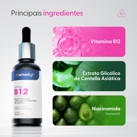 Sérum B12, Firmador Antirrugas e Clareador de Marcas, 30 ml — embalagem do produto, Smart GR