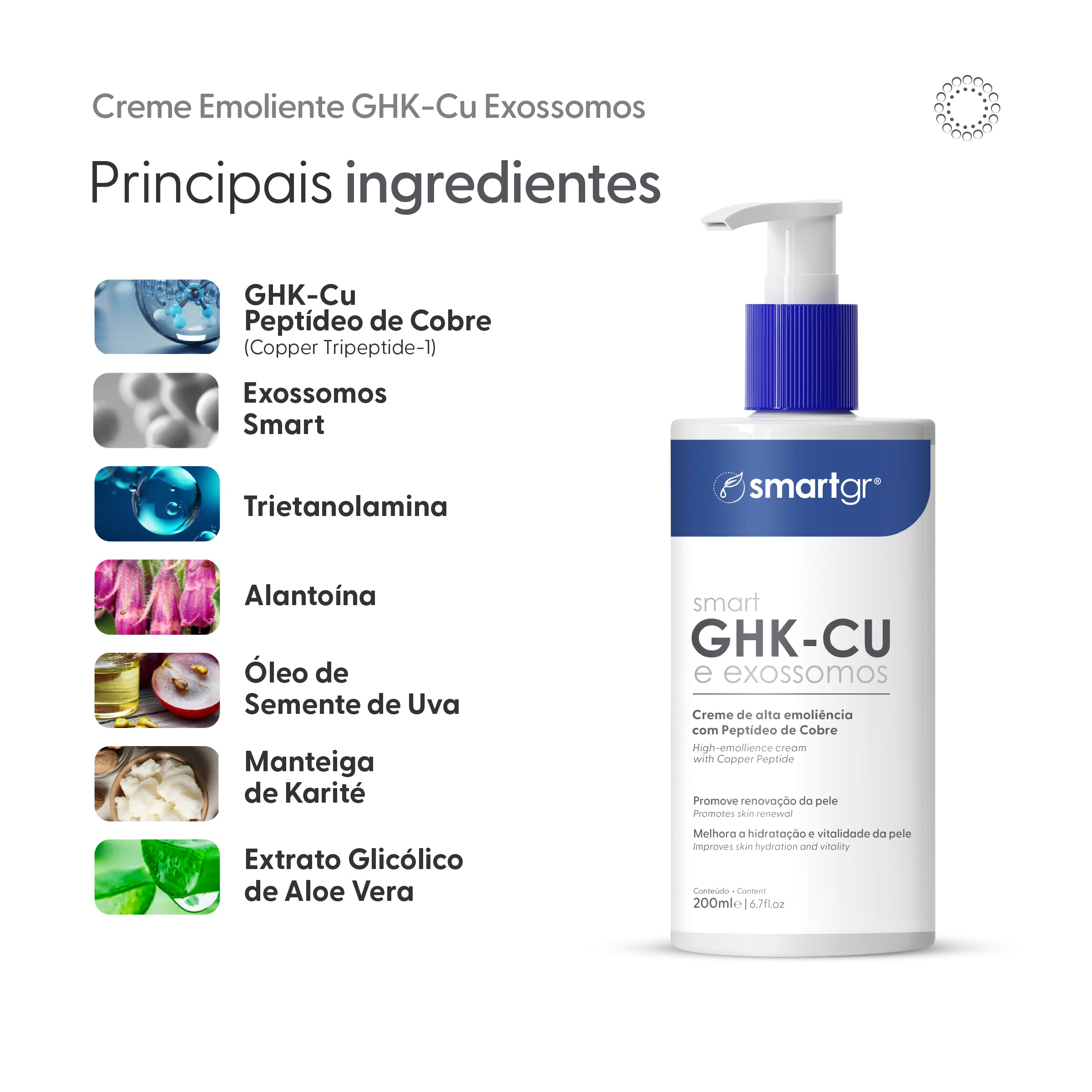 Smart Creme Ultra Emoliente com GHK-Cu e Exossomos, 200 ml — embalagem do produto, Smart GR