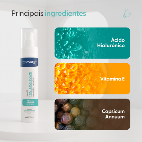 Protetor Solar FPS 50 com Ácido Hialurônico, 50 ml — proteção solar UVA/UVB com ácido hialurônico, Smart GR