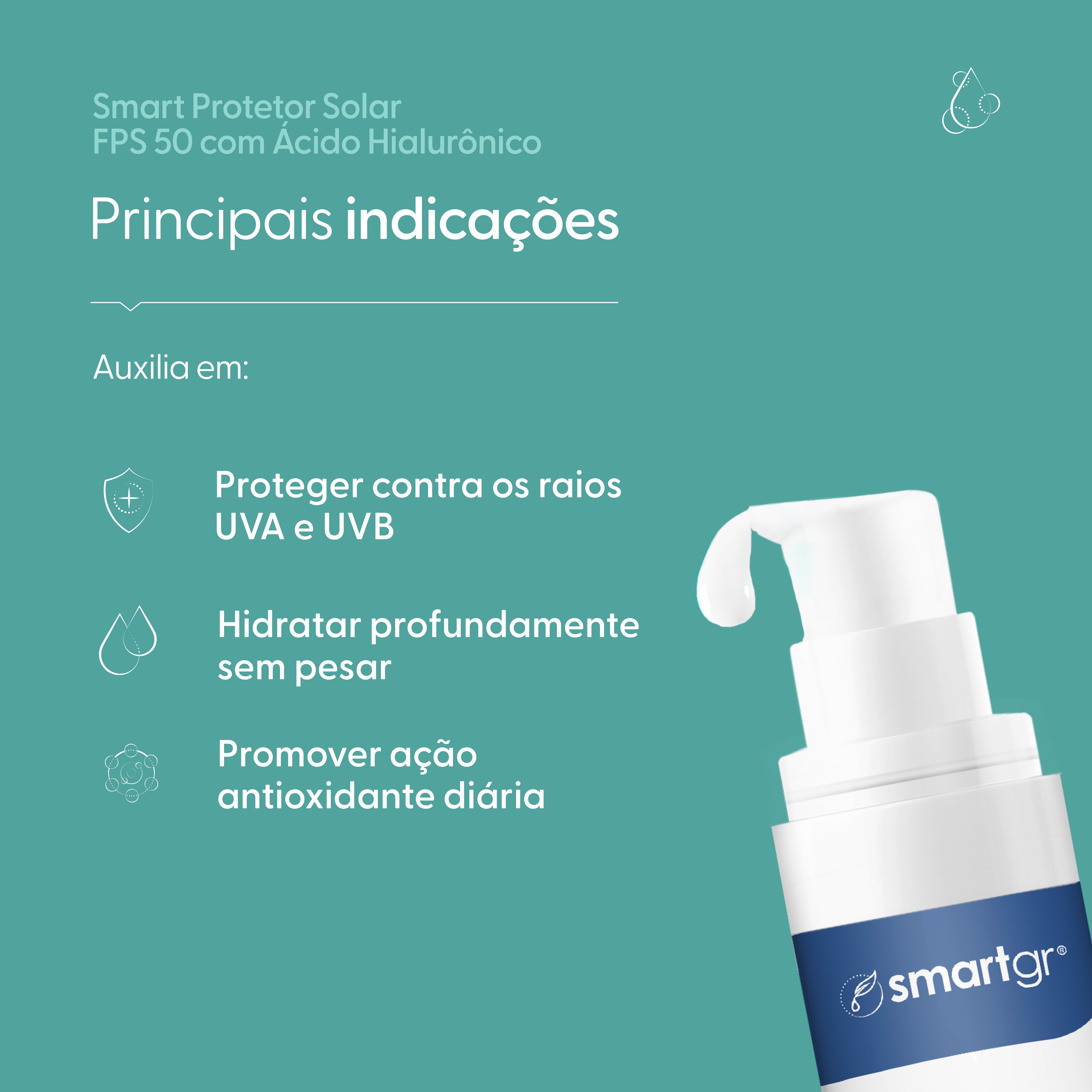 Smart Protetor Solar FPS 50 com Ácido Hialurônico, 15 ml — embalagem do produto, Smart GR