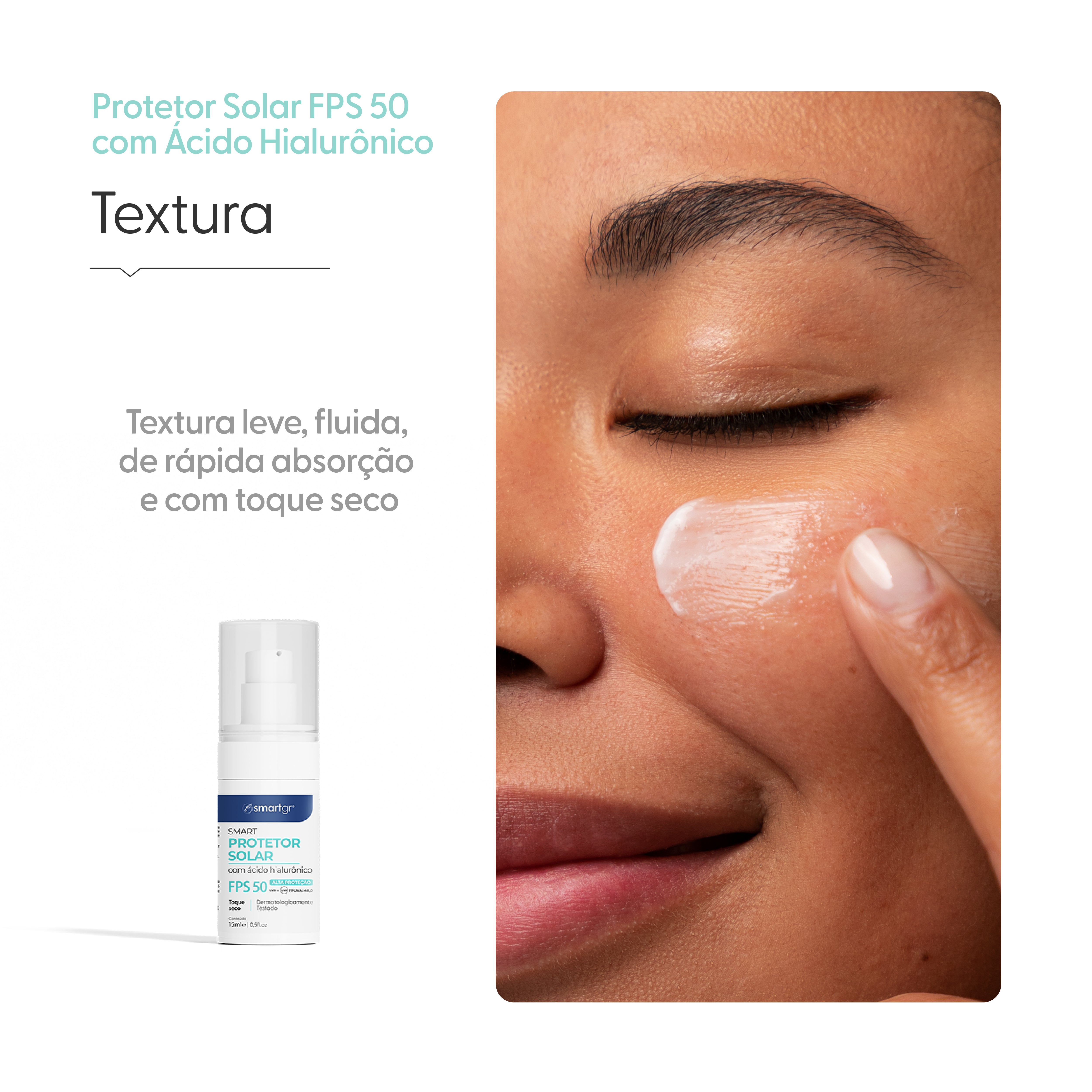Smart Protetor Solar FPS 50 com Ácido Hialurônico, 15 ml — embalagem do produto, Smart GR