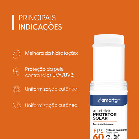 Smart Stick Protetor Solar com Ácido Hialurônico, FPS 60, 15 g — indicações de uso, Smart GR