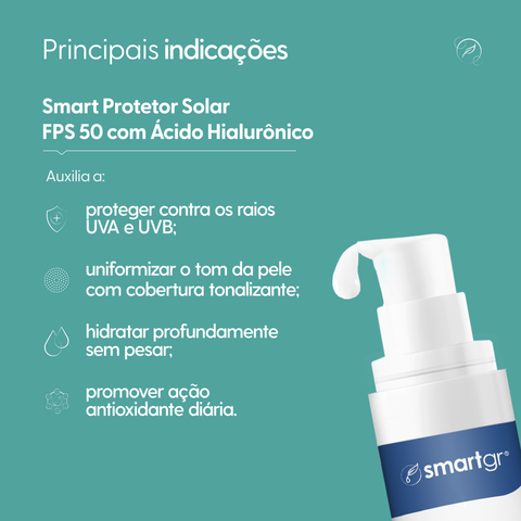 Protetor Solar FPS 50 com Ácido Hialurônico, 50 ml — embalagem do produto, Smart GR