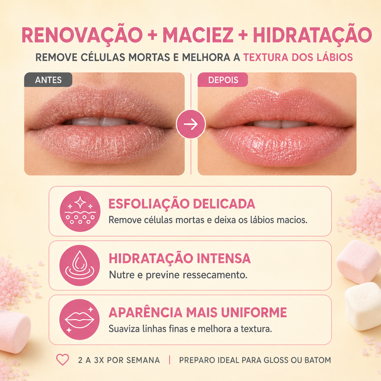 Esfoliante Labial de Marshmallow, Lips Care, 15 g — embalagem do produto, Smart GR