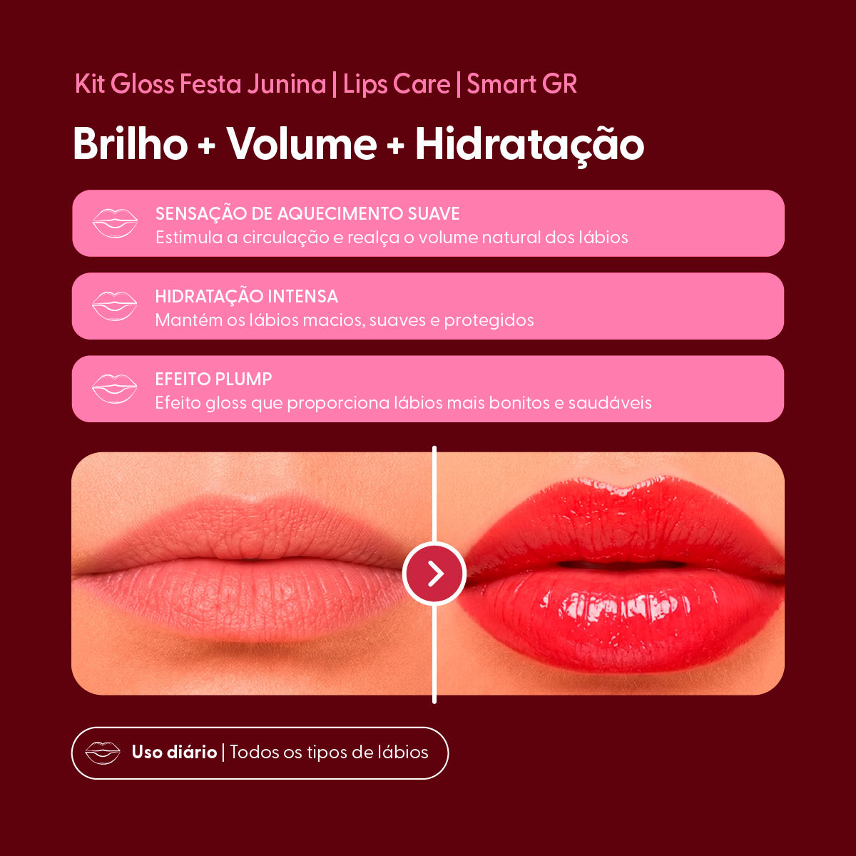 Smart Kit Lips Care, Plump Gloss, Festa Junina — embalagem do produto, Smart GR