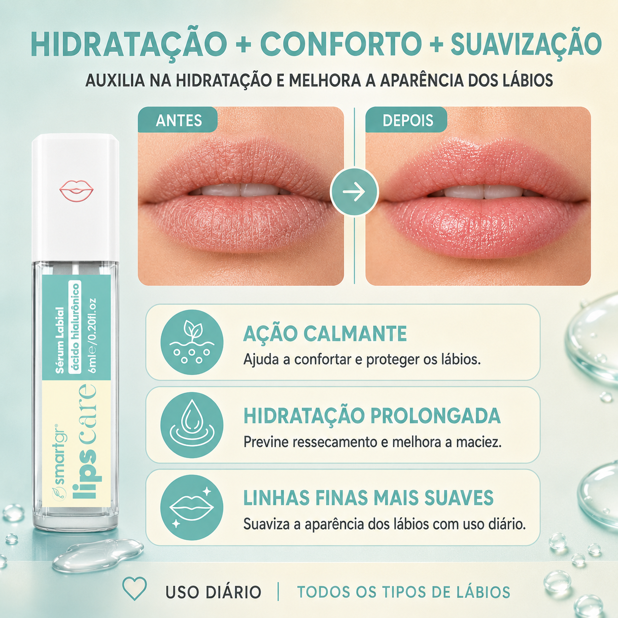 Sérum Labial de Ácido Hialurônico, Lips Care, 6 ml — embalagem do produto, Smart GR
